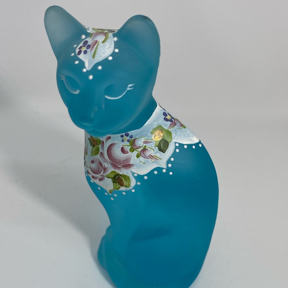 Fenton Aquamarine Frosted Glass Cat Figurine With Hand Painted Floral Designs
